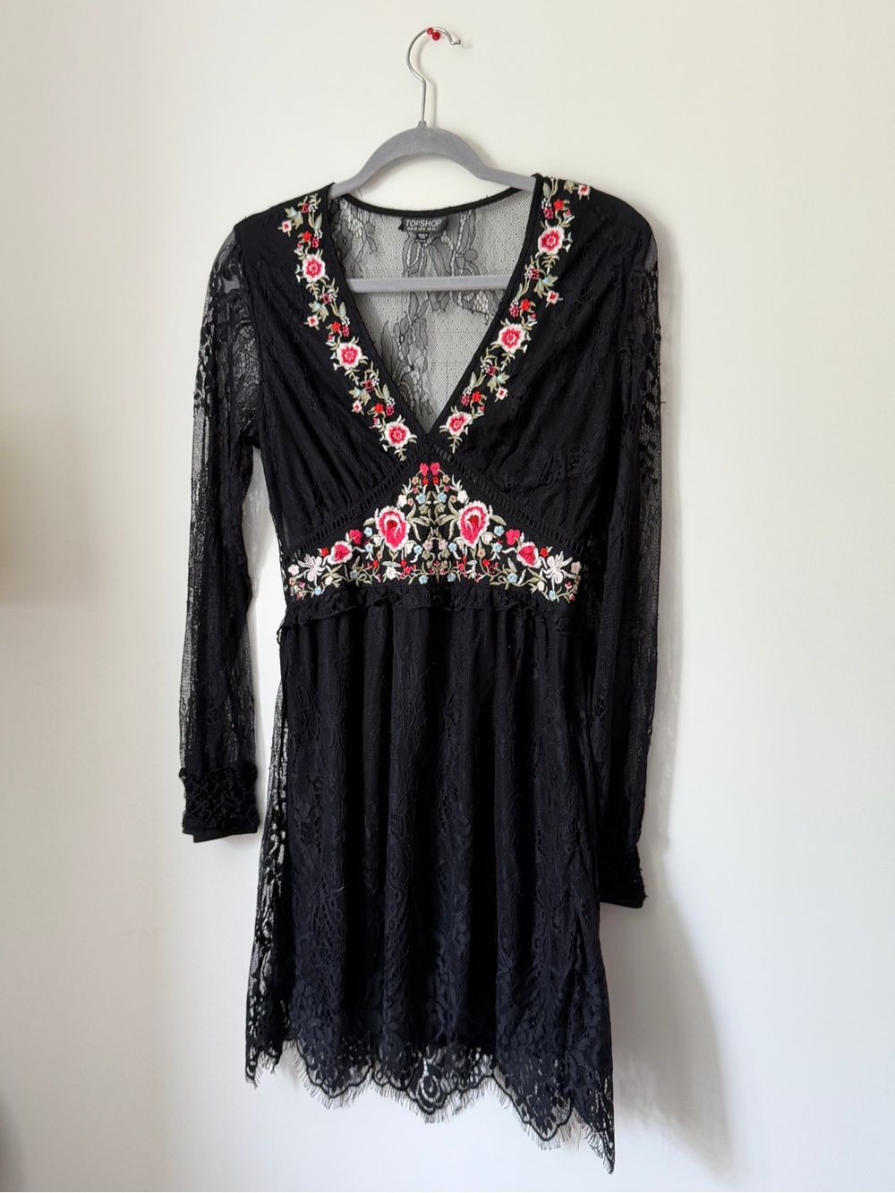 TopShop Black Lace Dress with Peasant Floral Design- Size 6 US